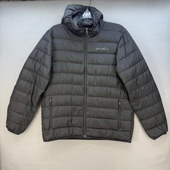 Eddie Bauer Puffer Down Coat Men's L Black Jacket Hooded Outdoor Gear Hiking